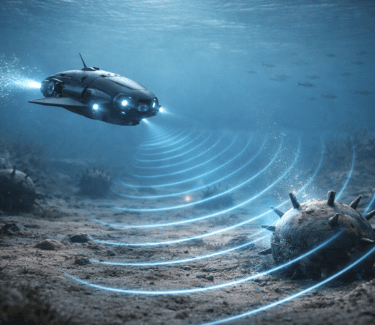 רחפן ימי שמאתר מוקשים במהירות של מסוק AI generated image